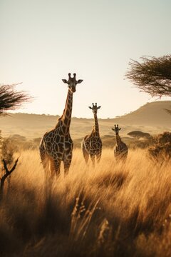 Three giraffes standing in the savannah at sunset with golden light illuminating the scene