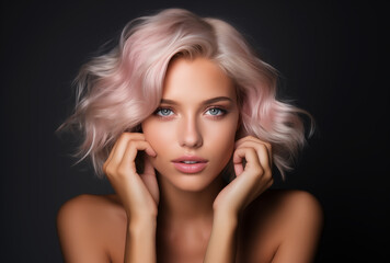 Fototapeta premium A close-up view of a beautiful girl, highlighting her blonde hair with a touch of playful pink.