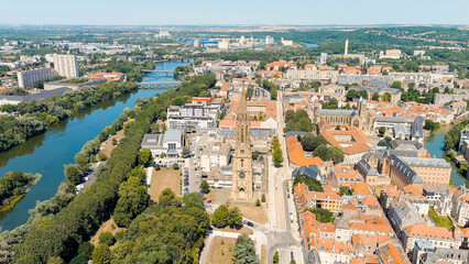 Metz, France. Temple de La Garrison de Metz. View of the historical city center. Summer, Sunny day, Aerial View