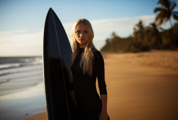Fototapeta na wymiar Radiant surfer girl with her board, embracing the sun and the surf at the beach.