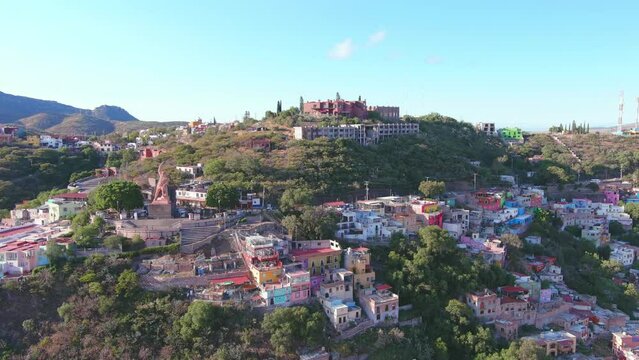 Mexico, Guanajuato: Aerial view of capital city of Mexican state of same name, Monumento al Pipila - landscape panorama of Latin America from above