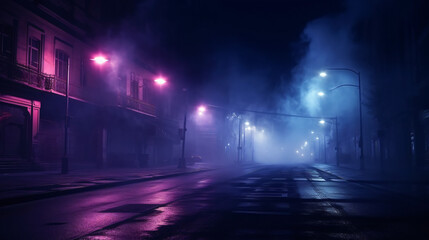 Neon light in a dark empty street with smoke smog