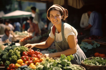 Young woman selling fruits and vegetables at the farmers market. - obrazy, fototapety, plakaty