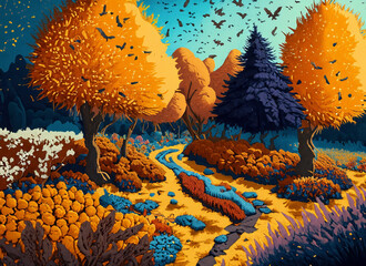 Illustration of a path through a colorful autumn landscape