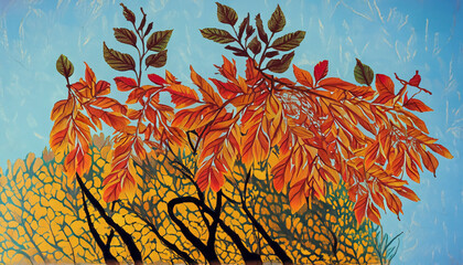 Fototapeta na wymiar autumn vegetation illustration with warm colors