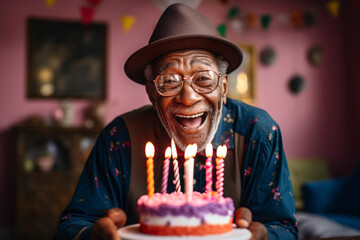 Cheerful senior black man celebrating his birthday. Grandad looking at birthday cake with lit candles. - Powered by Adobe