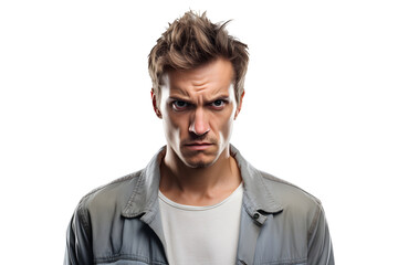 Obraz premium Sulking young adult Caucasian man, head and shoulders portrait on white background. Neural network generated photorealistic image.