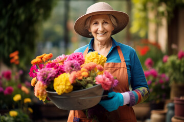 Beautiful senior lady working in the garden. Landscape designer at work. Smiling elderly woman gardener caring for flowers and plants. Hobby in retirement.