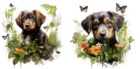 Watercolor illustration of a puppy of dogs surrounded by grass, ferns flowers and butterflies. delicate and peaceful spring nature scene isolated on transparent background