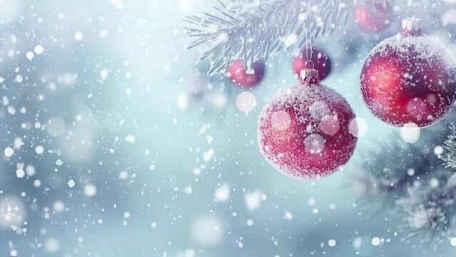 red Christmas balls and fir tree in snow
