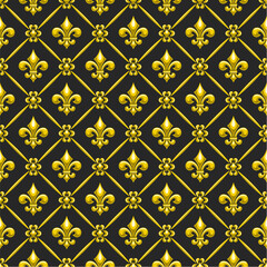 Vector Fleur de Lis Seamless Pattern, square repeat background with illustrations of lattice pattern and yellow french fleur de lis in rhombus cells on dark background for wrapping paper or bed linen - obrazy, fototapety, plakaty