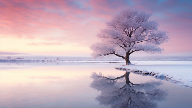 View of tree cover with snow near the lake with beautiful sky.
