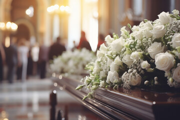 Coffin decorated with white flowers during funeral ceremony in church. - obrazy, fototapety, plakaty