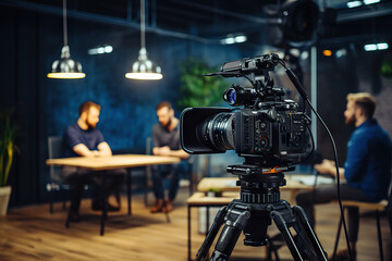 Behind-the-Scenes of TV Show Interview Recording with Modern Video Camera in Studio. created with Generative AI