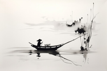 Japanische Tuschezeichnung einer meditativen Zen Landschaft mit Boot in schwarz weiß rot - obrazy, fototapety, plakaty