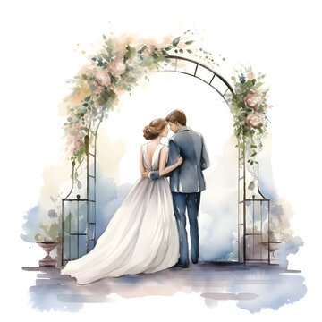 couples on their wedding day, watercolor style on white background