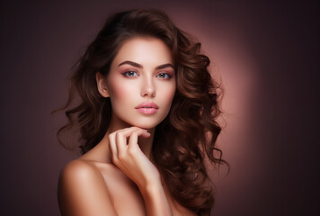 Naklejka premium A brunette beauty, gracefully touching her skin, exudes a radiant and luminous complexion