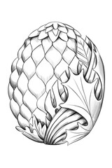 dragon egg with green plants and leaves line sketch . hand drawn illustration isolated on white background 
