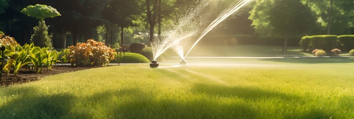 Automatic garden lawn sprinkler in action watering grass - obrazy, fototapety, plakaty