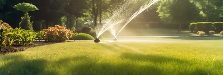 Fotobehang Oranje Automatic garden lawn sprinkler in action watering grass