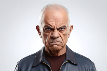 Obraz premium Sulking senior Latin American man, head and shoulders portrait on white background. Neural network generated photorealistic image