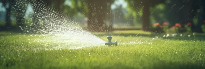 Automatic garden lawn sprinkler in action watering grass