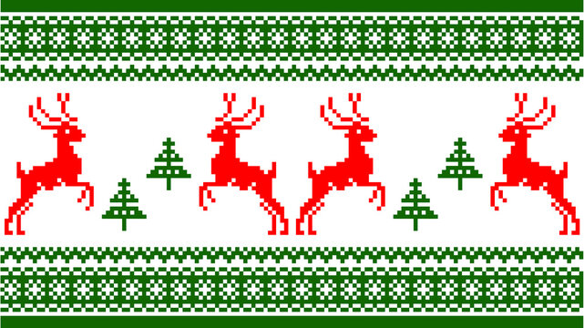 Seamless Christmas Pattern: Red Reindeer And Green Christmas Trees On A Neutral Transparent Background, PNG