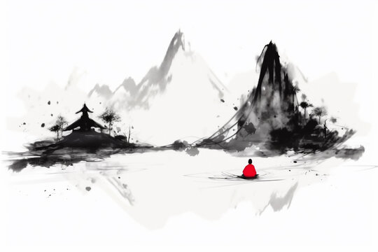Japanische Tuschezeichnung einer meditativen Landschaft mit buddhistischem M&ouml;nch in schwarz wei&szlig; rot