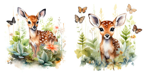 Watercolor rich illustration of a beautiful tiny fawn surrounded by grass, ferns flowers and butterflies. delicate and peaceful spring nature scene isolated on transparent background - obrazy, fototapety, plakaty