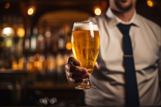 Handsome bartender serving a glass of fresh beer in traditional Dublin pub. Drinking alcoholic beverage. Saint Patrick's Day celebration.