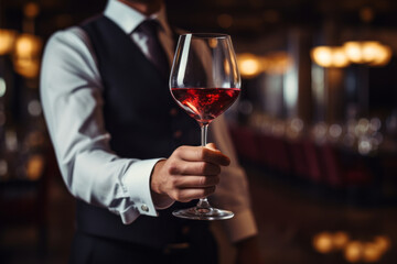Waiter handing a glass of red wine in a restaurant. Alcoholic beverage served during a party night.
