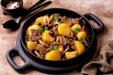 Hearty and comforting Beef and Poplar Mushroom Stew with potatoes and wine. Rustic style.