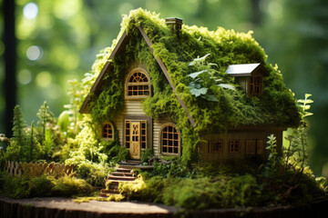 Fototapeta na wymiar Miniature wooden house made of natural materials found in forest. Tiny eco cabin covered with moss on a backdrop on trees. Ecology concept.