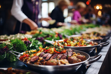 Obraz premium Different dishes in heated containers. Catering food during some fancy event, party or wedding reception.