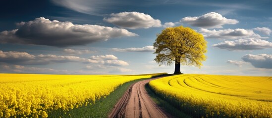 In the tranquil polder landscape a winding road leads the way through fields of vibrant yellow dandelions while the perspective of towering trees and blooming flowers accentuate the beauty o - obrazy, fototapety, plakaty