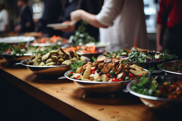 Different dishes in heated containers. Catering food during some fancy event, party or wedding...