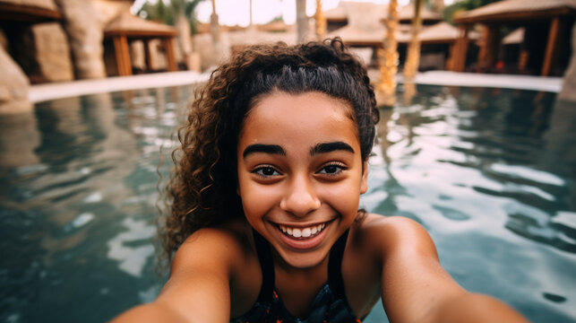 teenager girl or 20s, multiracial tanned skin tone happy selfie photo, in swimming pool of an hotel, fictional location
