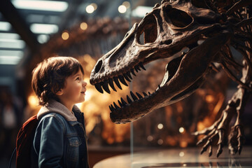 Child looking at the skeleton of an ancient dinosaur in the museum of paleontology. Little boy watching at dinosaur bones.