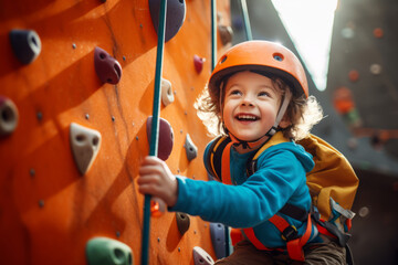Active little child rock climbing at indoor gym. Kid climbing a rock wall indoor. Sports and recreation for children.