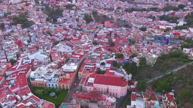 Mexico, Guanajuato: Aerial view of capital city of Mexican state of same name, 19th century theater Teatro Ju&aacute;rez - landscape panorama of Latin America from above