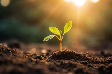 Young sprout growing from the rich soil to the morning sunlight. Ecology concept.