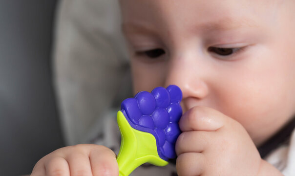 Handsome baby boy bites with his mouth a silicone massager with cooling for teeth gums. Teeth erupting in the gums. Pain and itching.