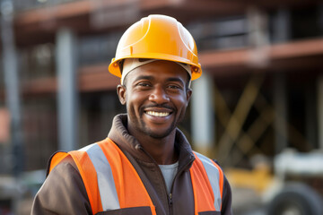 Construction workers wearing safety helmets and a uniform at construction site. Housebuilders in sturdy work outfit.