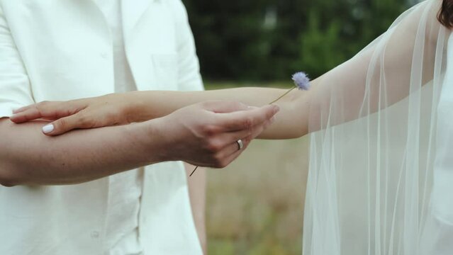 Close-up touching hands of couple in love in the field. Female gently touch tender flower in arm of man. Close-up holding hands, slow motion.