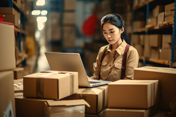 Young beautiful woman taping a cardboard box for delivery. Warehouse order picker packing and sealing cardboard box with tape for dispatch.