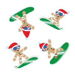 Cartoon Cookies snowboarding in ski goggles and Santa Claus hat. Christmas set. Vector illustration.