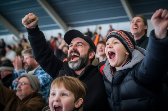 Excited Parents And Kids Celebrating The Victory Of Their Team. Sports Fans Chanting And Cheering For Their Ice Hockey Team. Family With Children Watching Hockey Match.