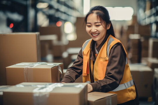 Young beautiful woman taping a cardboard box for delivery. Warehouse order picker packing and sealing cardboard box with tape for dispatch.