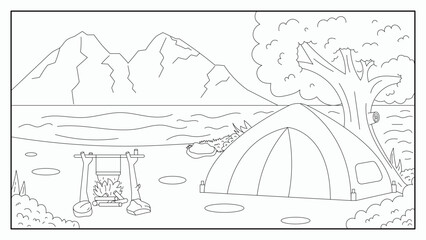 Naklejka premium Tent on the River Bank Coloring Page Illustration For Kid