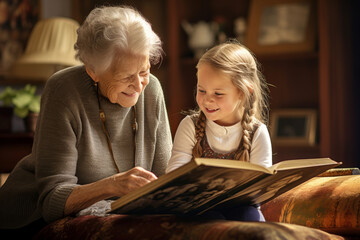 Grandmother and granddaughter watching old photo album at home. Senior woman showing to child black and white retro photos. Retired person and kid happy together.